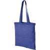 A blue cotton canvas tote bag with two long handles and a simple design, featuring a logo.
