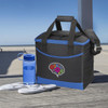 A black and blue cooler bag with a logo, accompanied by a clear drink bottle and white flip-flops on a beachside deck.