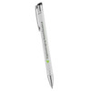 A metal ballpoint pen in white with a silver clip and a logo printed on the barrel.