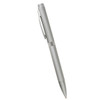 A silver metal ballpoint pen with a twist action mechanism and a textured grip, featuring a clip and branding.