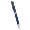 A blue metal ballpoint pen with a silver clip and a logo on the barrel.