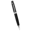A silver and black ballpoint pen with a branding logo. It features a sleek design and metal detailing.