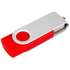 A USB flash drive with a red and silver design, featuring a rotating cap and a logo. It has 16GB storage capacity.