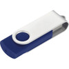 A blue and silver USB flash drive with a rotatable cap and a circular button. It has a branding logo.
