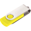 A yellow and silver USB flash drive with a rotating cap and a logo on its surface.
