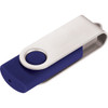 A USB flash drive with a blue and silver design, featuring a rotating casing and a logo.