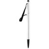 A silver stylus pen with a black tip and a black elastic strap, featuring a logo.