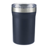 A drink bottle in dark grey with a stainless steel lid and a clear top. Features a logo.