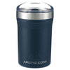 A drink bottle in navy blue with a stainless steel band and a clear lid. It features a logo on the front.
