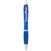 A blue pen with a silver clip and tip, featuring a branding logo.