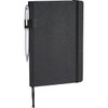 A black journal notebook with a pen, featuring an elastic band and ribbon bookmark. It has a branded logo.