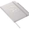 A grey hard-bound journal with an elastic band and a ribbon marker, featuring a logo on the cover.