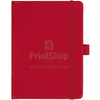 A red hard-bound journal with an elastic band and a branded logo on the cover.