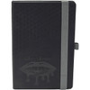 A black notebook with a textured cover and a grey elastic band, featuring a logo embossed on the front.