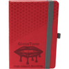 A red notebook with a geometric design, featuring a grey elastic band and a logo on the front.