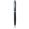 A sleek black metal ballpoint pen with a silver clip and branding.