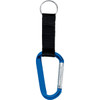 A blue carabiner attached to a black strap and keyring. The product features a logo.