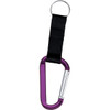 A purple carabiner attached to a black strap with a keyring. It has a branding logo.