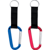 A blue and a red carabiner attached to black straps, both featuring circular keyring attachments.