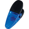 A blue and black magnetic memo holder clip with a textured grip. Features a logo on its surface.