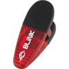 A red and black magnetic memo holder/clip with a logo. Ideal for holding notes or papers.