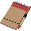 A brown notepad with a red top, spiral binding, and a red pen attached with a black band.