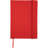 A red 5 x 7 inch notebook with an elastic closure and a ribbon bookmark. Features a plain cover and a logo.