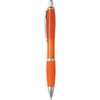 An orange plastic pen with a glossy finish and silver accents, featuring a clip and a rubber grip.