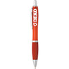 A red plastic pen with a silver clip and a logo on the side. Ideal for writing.