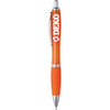 An orange plastic pen with a silver clip and a logo on the barrel.