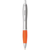 A plastic pen with a silver clip and orange grip, featuring a logo on the side.