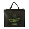 A black jumbo tote bag with green text and a logo, featuring a sturdy design for carrying items.