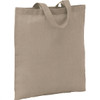 A beige recycled cotton twill tote bag with two handles and a simple design. It has a logo on the surface.