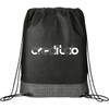 A black drawstring bag with a textured base and a logo on the front. Ideal for carrying small items.
