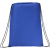 A blue drawstring bag with black cords and a textured surface, featuring a logo.