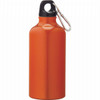 An orange aluminium sports bottle with a black lid and a carabiner attachment. Features a logo on the surface.