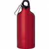 A drink bottle in shiny red aluminium with a black top and a carabiner clip. It features a logo.