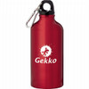 A drink bottle made of red aluminium with a black top and a carabiner, featuring a logo.