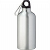 A drink bottle made of aluminium, featuring a sleek silver finish and a black cap with a carabiner attachment.