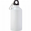 A drink bottle in white aluminium with a black cap and a carabiner attachment. It has a branding logo.