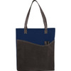 A navy and grey non-woven tote bag with long handles and a side pocket for pens. Includes a logo.