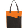 An orange and black non-woven tote bag with two sturdy handles and a front pocket. It features a logo.