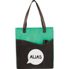 A green and black non-woven tote bag with a pocket and a logo. Features sturdy handles for carrying.
