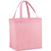 A pink non-woven tote bag with two handles and a spacious interior, featuring a branding logo.