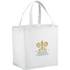 A white non-woven tote bag with two handles and a logo on one side. Features a spacious design for carrying items.