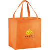 An orange non-woven tote bag with sturdy handles and a logo on the front.