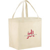 A cream non-woven shopper tote with two handles and a logo printed on the front.