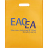 A yellow non-woven tote bag featuring a logo and a top handle for easy carrying.