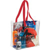 A clear tote bag with red straps containing snacks, a drink bottle, sunscreen, and a camera.