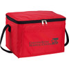 A red cooler bag with a zippered top and a handle, featuring a logo on the front.